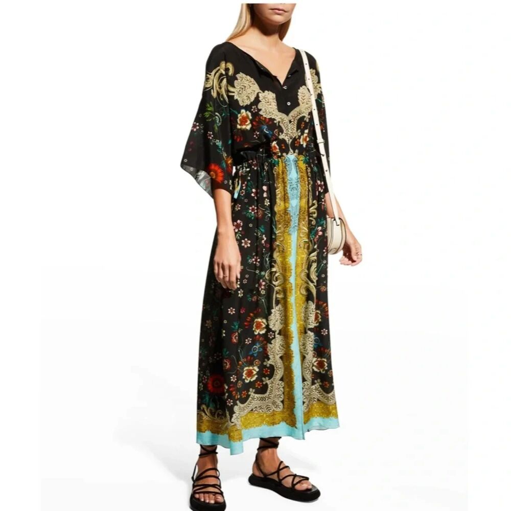Johnny Was Botan Thalia 100% Silk Floral Maxi Dress Caftan Black XL